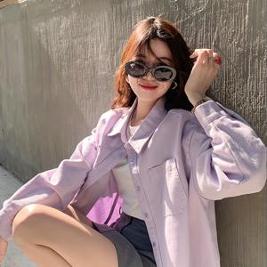TEMU 여성용 연보라색 긴팔 버튼업 셔츠 - 스타일리시한 한국 디자인, 폴리에스터 원단, 칼라 및 가슴 포켓, 캐주얼 또는 사무복 착용에 완벽