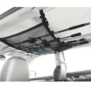 TEMU 낚싯대 홀더가 있는 SUV 천장 수납망 - 차량 루프랙용 내구성 폴리에스터 메쉬 정리함, 다수의 낚싯대 및 장비를 안전하게 보관, 강력한 메쉬 디자인, 긴 여행 및 낚시 액세서리용 자동차 천장 수납망
