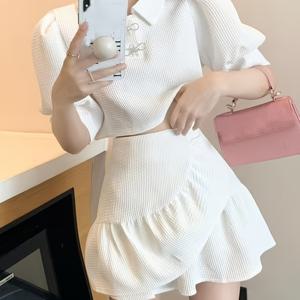 TEMU 2024 여름 신상 라이트 성숙 스타일 여성용 버블 슬리브 탑과 러플 A라인 숏 스커트 커뮤터 투피스 프렌치 수트