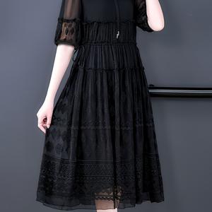 TEMU 우아한 검은색 자수 미디 드레스, 키홀 넥라인, 드로스트링 허리 - 여유로운 핏, 짧은 소매, 계층적인 밑단, 성숙한 여성, 봄/여름/가을 패션, 성숙한 패션|키홀 넥라인|드로스트링 허리|쉬폰원피스