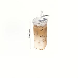 TEMU 3pcs 고가의 커피 컵 세트 (핸들 없는 사각형 컵 + 빨대 + 투명 뚜껑) 유리 물컵, 투명, 재사용 가능, 고급 보로실리케이트 유리, 냉각 및 열에 강하고, 얼음 음료, 커피 등에 적합하며, 또한 완벽한 선물이기도 합니다.