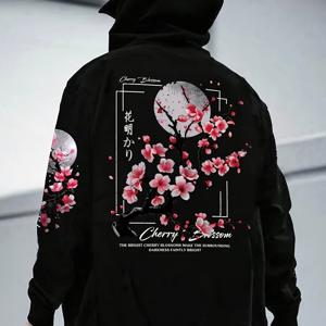 TEMU 남성용 벚꽃 그래픽 후드티 - 포켓이 있는 편안한 플리스 안감 캐주얼 풀오버, 루즈핏, 긴팔, 녹색