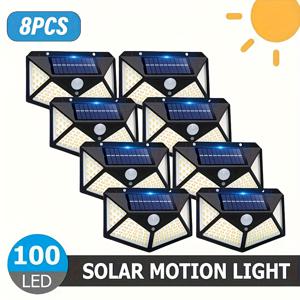 TEMU 모션 센서가 있는 8개입 100LED 태양광 스마트 조명 - IP44 벽등, 터치 컨트롤, 설치 간편, 배선 불필요, 고품질 재충전식 야외 조명