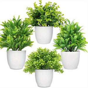 TEMU 4pcs, 흰색 재배자에 작은 식물, 가정 장식 실내를위한 인공 식물, 사무실 책상 욕실 침실 녹지 장식을위한 플라스틱 유칼립투스 식물 냄비에 미니 식물 밀 잔디 화분에 심은 식물 사무실 책상 실내