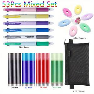 TEMU 53pcs/set 크리에이티브 4in 1 다색 지우개 젤 펜 볼펜 세트, 4가지 색상 0.5mm 세척 가능한 손잡이 마법 리필 막대 서적 사무실 쓰기 용품, 실수 사라지게 하는 미세 쓰기 장비(6펜+40리필+6지우개+1펜 가방)
