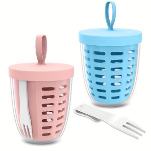 TEMU 2pcs 폴리프로필렌 다기능 과일 샐러드 용기, 휴대용, BPA 프리, 누출 방지, 청소하기 쉽고 재사용 가능, 분리 가능한 배수 바구니와 포크가 있는 과일 컵, 과일 및 야채 보관용