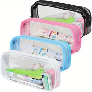 TEMU 4pcs 컬러풀한 투명한 PVC 연필 케이스 - 지퍼가 있는 방수 및 방진 보관 가방 - 펜, 연필, 지우개, 규칙을 위한 보관 가방 - 스테이션리 에센셜을 정리하는 데 이상적입니다, 연필 가방|필통