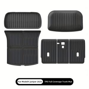 TEMU 테슬라 모델 Y 준피어 2025 트렁크 매트 세트 - 4pcs 내구성 있는 TPE 올웨더 카고 라인러, 백레스트 및 하위 매트 포함, 미끄럼 방지 및 방수, 차량 내부 전체 보호, 차량 트렁크 라인러 | 튼튼한 카고 라인러 | 방수 라인러, 테슬라용 카고 라인러