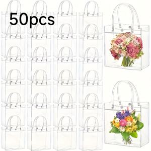 TEMU 50개 클리어 PVC 선물 가방, 손잡이가 있는 6.3 x 5.9 x 2.7 인치 투명 랩 토트 백, 파티 선물, 결혼식, 생일, 소매용 재사용 가능한 클리어 플라스틱 쇼핑 백, 꽃 장식 및 더 많은 데코레이티브 선물 가방 | 데코레이티브 선물 가방 | 내구성 있는 플라스틱 가방, 결혼식 선물 가방