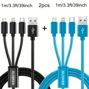 TEMU 2개 3-in-1 고속 충전 케이블, 내구성이 뛰어난 나일론 브레이드, USB-C to USB-A & Micro USB, iPhone용 10-20W 전원 전달, for Samsung, Xiaomi, Oppo, Vivo, Redmi, OnePlus 및 기타, 블랙 및 블루 옵션, 충전 케이블 | 현대 케이블 디자인 | 거품 마감