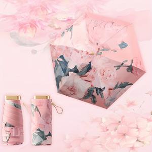 TEMU 스타일리시 오일 페인팅 플로럴 여름 우산 - 6개의 유리 섬유 리브, 수동 개폐식, 여성용 경량 핑크 피치 블루 디자인의 컴팩트 휴대용 여행 우산, 캐주얼 패션 액세서리