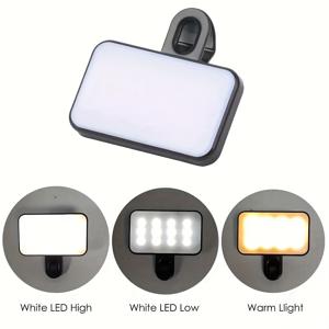 TEMU 1개 휴대용 클립형 LED 스마트폰 조명 - USB 충전식, 밝기 및 각도 조절 가능, 셀카 및 비디오 녹화에 적합, 실내 사용, 리튬 폴리머 배터리, ≤36V 작동 전압