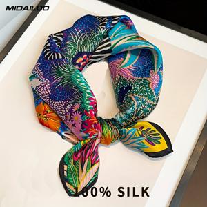 TEMU 100% 머플러 실크 스카프 53x53cm - 생동감 넘치는 트로피컬 플라워 프린트 스퀘어 스카프, 통기성 좋은 비신축성 여성 & 남성용 패션 액세서리, 다목적 아웃도어 & 포멀 웨어 장식품, 고급 소재, 대담한 패턴, 스타일 애호가들을 위한 스타일리시 디자인, 핸드 워시 전용