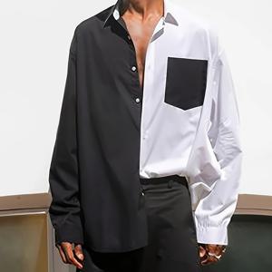 TEMU 【이벤트 퍼펙트】 남성용 스타일리시 컬러 블록 버튼 셔츠 - 긴 소매, 루즈핏, 폴리에스터 혼방, 흑백 가슴 포켓, 파티 및 캐주얼 착용에 완벽, INCERUN