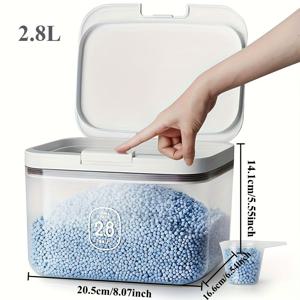 TEMU 1-touch 압력 뚜껑이 있는 세탁 세제 디스펜서, 세탁실을 정리하기 위한 디자인. 세탁용 파우더용 투명 PET 용기, 측정 컵이 있는 세탁 포드 용기. 용량은 2.8리터/6파운드/100온스(120개 세탁 포드 수용), 세탁함