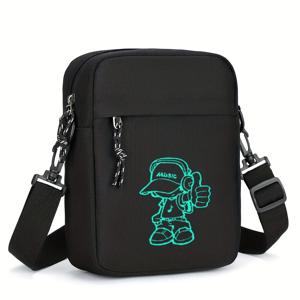 TEMU Tic Toc Bear 캐주얼 크로스바디 백 - 조절 가능한 스트랩, 지퍼 클로저, 네온 기타 그래픽이 있는 검은색 옥스포드 원단, 일상적인 통근 및 야외 활동에 완벽, 소형 크로스바디 백, 안전한 지퍼 클로저, 청소년용, 청소년용|핸드폰가방