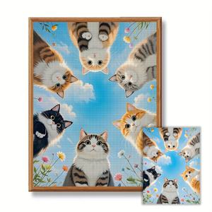 TEMU 1pc 프레임되지 않은 30X40Cm/11.8X15.7 인치 11CT/14CT 프린트 크로스 스티치 DIY 키트, 여섯 마리의 고양이, 성인 초보자를 위한 편안한 DIY 크로스 스티치 키트, 프린트 캔버스, 침투, 실, 그림 및 설명이 포함되어 있습니다. 아름다운 수공예 벽 장식, 친구와 가족에게 선물로 적합합니다.|십자수