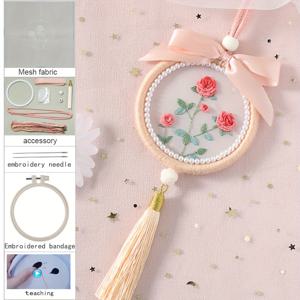 TEMU DIY 꽃 자수 벽걸이 키트 - 핑크 로즈와 그린 리프가 있는 나일론 직물, 비즈 원형 프레임, 턱시드 액센트, 모든 계절 홈 또는 파티 장식, 파티 장식|우아한 벽화|내구성 있는 직물, 꽃 장식