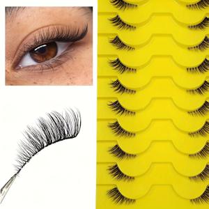 TEMU 10쌍의 반잎 False Eyelashes 세트, Cat-Eye 효과를 만듭니다, 자연스러운 컬, 길이는 6-9-12mm입니다. 완벽하게 맞춥니다, 눈을 더 크고 매력적으로 만듭니다, False Eyelashes에 새로운 사람들에게 완벽합니다.