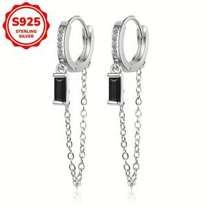 TEMU 일상 및 파티용으로 완벽한 패션 여성용 펜던트 귀걸이 한 쌍, S925 실버 2g 심플하고 다용도 블랙 스퀘어 합성 지르코니아 긴 태슬
