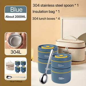 TEMU 6pcs 세트 304L 스테인리스 스틸 보온 도시락 + 수납백 & 컵, 휴대용 이중층 밀폐 도시락, 사무실/학생용 백투스쿨 도시락