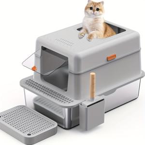 TEMU 1pc 초대형 스테인레스 스틸 폐쇄 고양이 사체함, 스크루 및 페달, 전면 입구 상부 배출, 뚜껑이 있는 냄새 제어 사체함 - 통기성 및 통기성 디자인