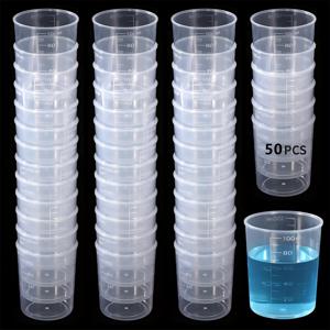 TEMU 50개 100ml 투명 플라스틱 측정 컵, 정밀한 눈금이 있는 투명 액체 혼합 비커, 에폭시 수지, 페인트 및 화학 실험용, 경량 & 내구성 있는 실험실, 예술 또는 DIY 프로젝트용