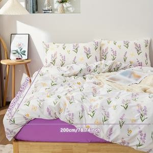 TEMU 3pcs 라벤더 나비 이불 커버 세트 - 부드러운 폴리에스터, 기계 세탁 가능, 꽃과 나비 디자인의 올 시즌 컴포터, 1개 이불 커버 및 2개 베개 커버 포함, 침실 장식용 봄 분위기, 침실 장식 필수품 | 꽃과 나비 디자인 | 폴리에스터 원단, 나비 장식