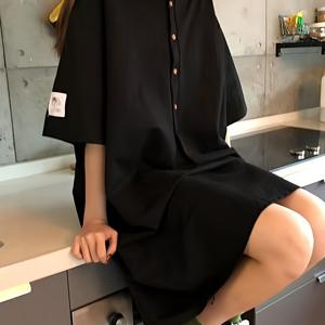 TEMU 여성용 프렌치 빈티지 칼라 셔츠 드레스 - 루즈핏 미디 길이 캐주얼 튜닉, 드롭 숄더 슬리브 & 버튼 프론트, 통기성 좋은 기계 세탁 가능 솔리드 컬러 봄 여름 가을용, 쉬운 관리 원단