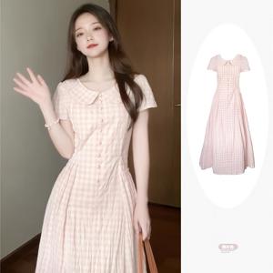 TEMU 여성용 격자무늬 드레스 - 2025 신상 여름 귀여운 인형 스타일 허리라인 슬림핏 긴 원피스, 턴 칼라 & 단추, 봄/여름/가을 캐주얼 의류용 세탁기 사용 가능, 비침 방지 소재, 경량 패션, 성인용