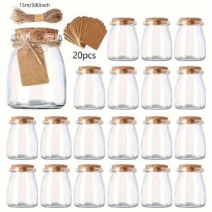 TEMU 코르크 뚜껑이 있는 미니 유리 요구르트 병 20/30개 세트 - 사탕, 푸딩, 꿀용 100ml 재사용 가능한 둥근 용기 - 결혼식 선물 및 기념품을 위한 라벨과 끈 포함, 선물 포장용 병 | 천연 코르크 뚜껑 | 투명한 유리병