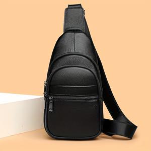 TEMU 남성용 진정 가죽 가슴 가방, 캐주얼 스타일, 탑그레인 소가죽, 대용량 크로스바디 숄더 팩, 지퍼 잠금, 수제 세미트 세부, 외출에 이상적