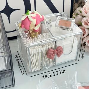 TEMU 우아한 핑크 리본 아크릴 메이크업 정리함 - 립스틱, 면봉 및 뷰티 용품 보관용 투명 4구획 수납박스, 화장대 또는 욕실 장식에 완벽, 발렌타인데이, 생일, 크리스마스, 새해 선물로 이상적인 메이크업 정리함