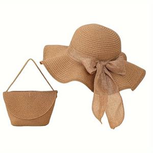 TEMU 1pc/2pcs 카키 보 장식된 선 하트 크로스 바디 백, 1pc 접이식 와이드 브림 스트로 하트 및 1pc 백 콤