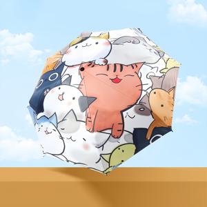 TEMU 귀여운 만화 고양이 우산 - 접이식 여행용 자외선 차단 파라솔, 블랙 코팅 & 기능, 선물 추천|양산