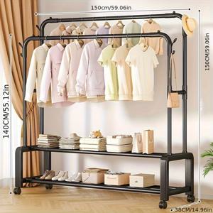 TEMU 1pc 블랙 롤링 더블 로드 옷걸이, 신발 보관함 및 후크 포함 - 중량용, 다목적 침실 정리함, 옷걸이, 신발, 액세서리 걸이, 침실 정리 | 현대 옷걸이 | 내구성 있는 플라스틱 옷걸이, 옷 건조대|빨래건조대|신발정리대