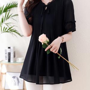 TEMU 여성용 쉬폰 블라우스 - 반팔, 라운드 넥, 세미시스루 프릴 디자인, 흑색, 봄/여름 캐주얼 탑, 매일 입기 좋은 스타일의 반팔 블라우스, 라운드 넥, 반투명 원단, 주름진 허리 스타일|블라우스|여름블라우스|여성블라우스