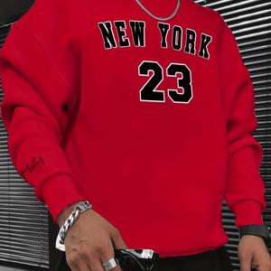 TEMU NEW YORK 23 프린트 세련된 남성 캐주얼 긴팔 크루 넥 풀오버 스웨트 셔츠, 야외 스포츠에 적합, 가을 봄, 힙합 목걸이와 짝을 이룰 수 있음, 선물로 사용 가능