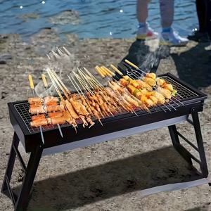 TEMU 1개 휴대용 접이식 숯 BBQ 그릴 - 대형 야외 바베큐 스토브, 철제 구조, 피크닉, 캠핑 및 뒷마당 요리용으로 완벽, 운반 및 보관이 용이, 블랙 마감, 치킨 윙, 꼬치 등 그릴에 이상적