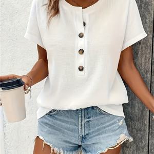 TEMU 1pc 여성 캐주얼 크루넥 반팔 상의, 단색 니트 원단 버튼 디테일, 폴리에스터 95% 엘라스테인 5%, 여름 일반 길이 패션 티셔츠