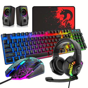 TEMU MAMBASNAKE 게이밍 주변기기 세트, 무지개 LED 백라이트가 있는 유선 키보드, RGB 조명이 있는 게이밍 마우스, 마이크가 있는 헤드셋, 스피커, 마우스 패드, PC, 랩탑, Mac, PS4, Xbox와 호환 - PC 게이밍 액세서리