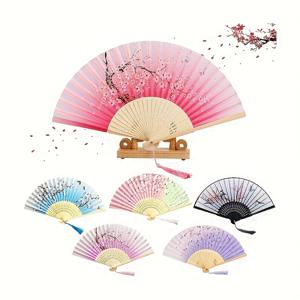 TEMU 6개 빈티지 중국식 접이식 손부채 태슬 장식 - 우아한 꽃무늬 디자인, 핑크 & 화이트 벚꽃 모티브, 나무 손잡이, 결혼식, 생일, 여행 액세서리에 완벽