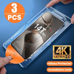 TEMU 지문解동을 지원하는 3pcs 풀아웃 하이디피니션 강화 유리 필름 박스, Xiaomi 14T 14 13 12T Pro용, 한 버튼으로 붙여서, 먼지 없는, 하이디피니션 투명, 지문 방지, 긁힘 방지, 9H 강도