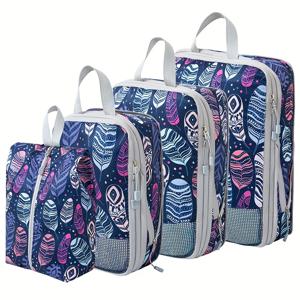 TEMU 4pcs 블루 여행 압축 패킹 큐브 세트 - 생생한 잎 무늬, 옷, 침구 및 수하물용 휴대용 정리함, 손잡이가 있는 내구성 있는 폴리에스테르 이동 가방