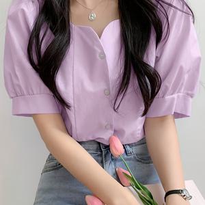 TEMU 여성용 우아한 라벤더 반팔 블라우스 - 단추가 하나뿐인 앞면, 둥근 목, 가벼운 폴리에스테르, 봄/여름 캐주얼 또는 사무실 착용에 적합, 여성용 블라우스|반팔블라우스