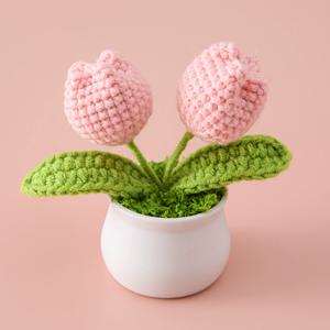 TEMU 1개/2개의 손으로 짠 미니 화분에 핀크 튤립 꽃 머리 2개가 있는 목화 크로셰 홈 데코, 어머니날 선물, 발렌타인데이, 결혼식, 생일, 휴일 장식, 남자친구, , 아버지, 사무실, 책상, 데스크탑을 위한 특별한 기념일 선물 | 계절별 장식 | 녹색 잎사귀 디테일, 꽃 장식, 크리스마스에 가장 적합