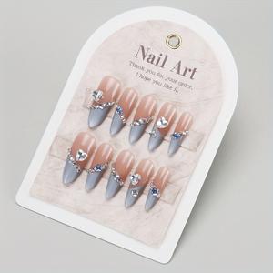 TEMU 10개 럭셔리 캣 아이 라인스톤 & 하트 디자인 프레스온 네일 - 아몬드 모양 긴 블루 글리터 손톱, 광택 마감, 여성용 풀 커버리지 핸드메이드 프렌치 매니큐어, 달콤하고 멋진 스타일, 패션 액세서리, 우아한 네일 아트