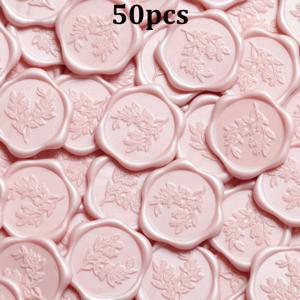 TEMU CYFUN DESIGN 50pcs 유칼립투스 왁스 밀봉 스티커 - 자체 접착, 블러시 핑크, 매트 핏, 결혼 초대장, 크리스마스, 선물 포장 및 파티에 완벽한, 우아한 꽃 디자인, 초대장 밀봉 | 우아한 밀봉 | 자체 접착 스티커