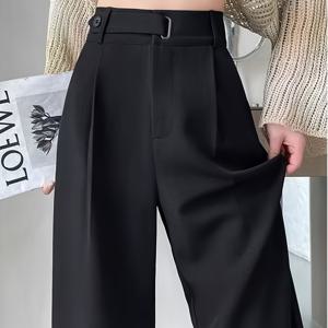 TEMU 여성용 우아한 블랙 와이드 레그 팬츠 - 벨트 루프 & 버튼 디테일, 내장 지퍼 클로저가 있는 하이웨이스트 컷 오피스 바지, 봄/여름/가을용 세탁 가능, 전문적인 복장, 슬림 실루엣, 정교한 룩, 현대적 옷장