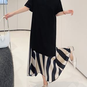 TEMU 여성용 우아한 V넥 티셔츠 드레스 - 블랙 & 화이트 대비 밑단, 루즈핏 긴팔리스드레시스 봄 여름 가을용, 세탁기 사용 가능 캐주얼부터 포멀까지, 롱 슬리브 드레스, 봄 패션, 시크 스타일, 경량 원단, 주말 의상|나시원피스|민소매원피스|가을원피스